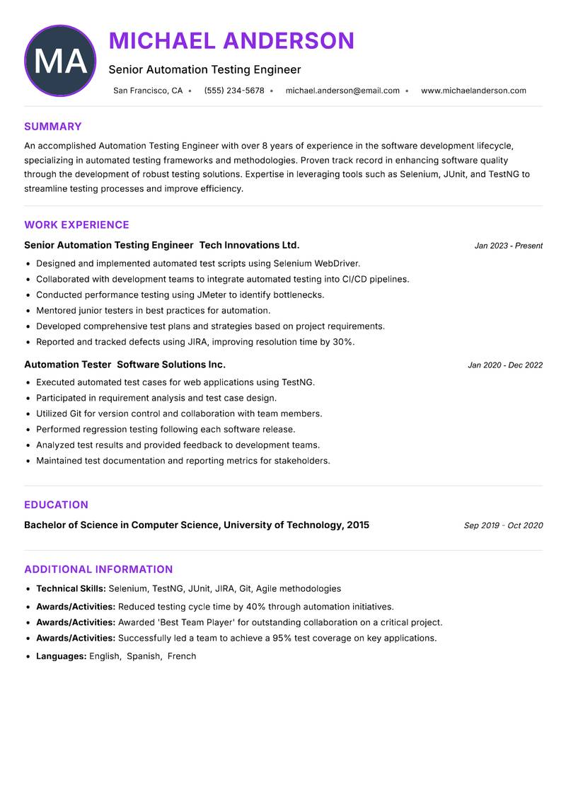 Automation Testing Engineer resume example — ATS-friendly template