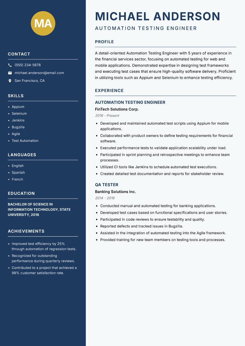 Automation Testing Engineer resume template — Classic Clean