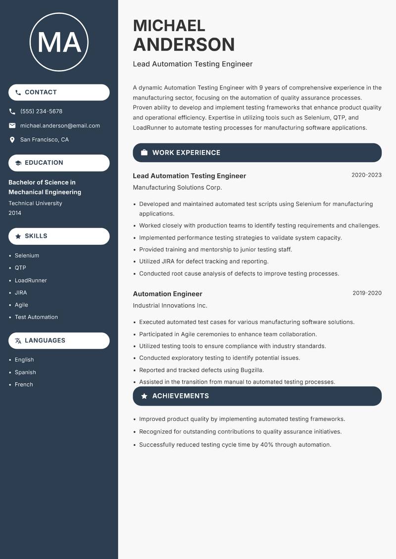 Automation Testing Engineer resume template — Compact