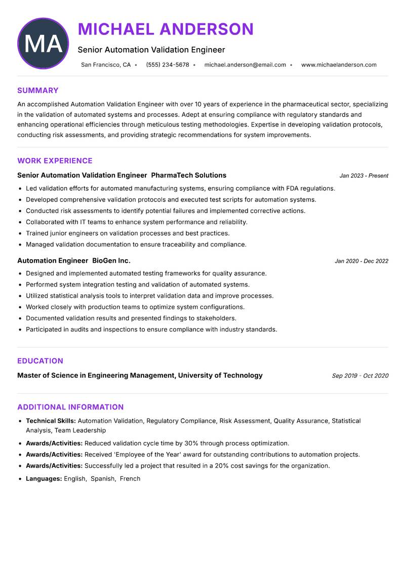 Automation Validation Engineer resume example — ATS-friendly template