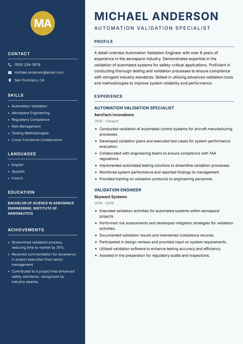 Automation Validation Engineer resume template — Classic Clean