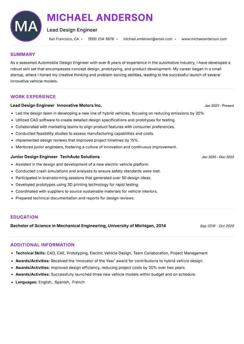 Automobile Design Engineer resume example — ATS-friendly template