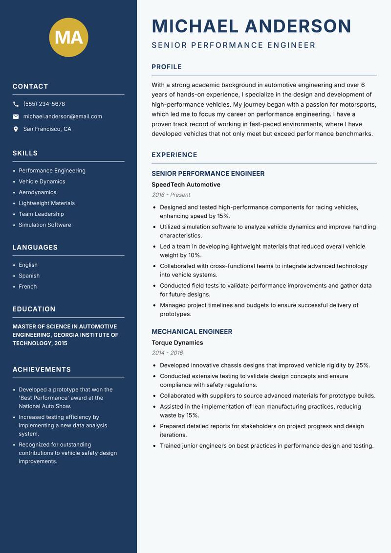 Automobile Design Engineer resume template — Classic Clean