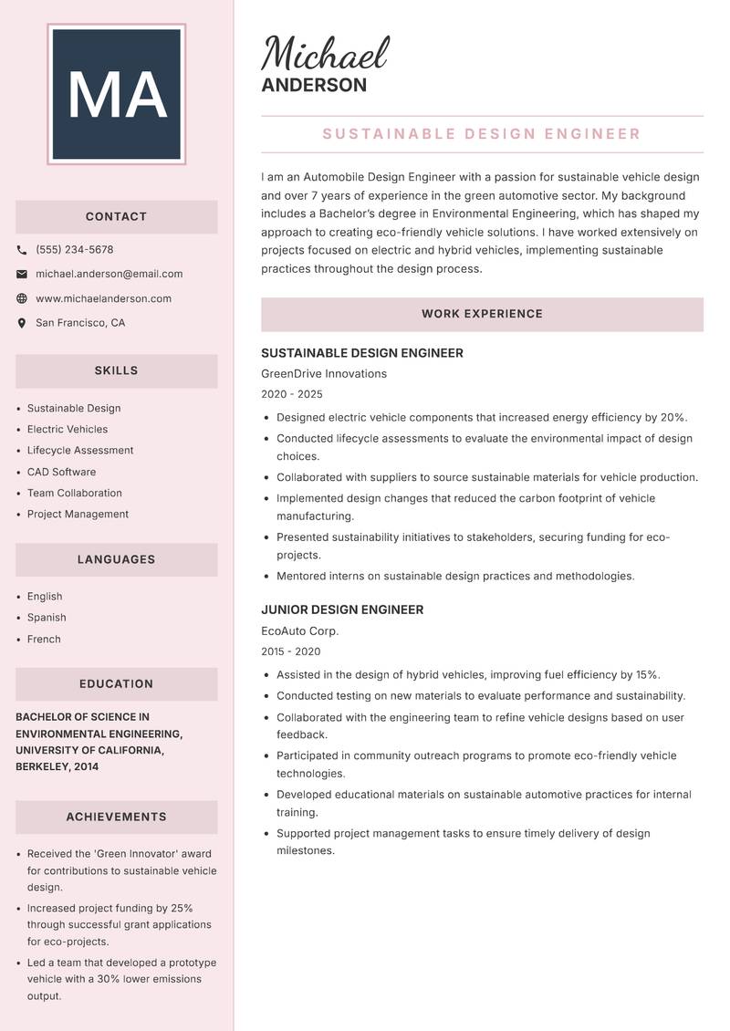 Automobile Design Engineer resume template — Executive