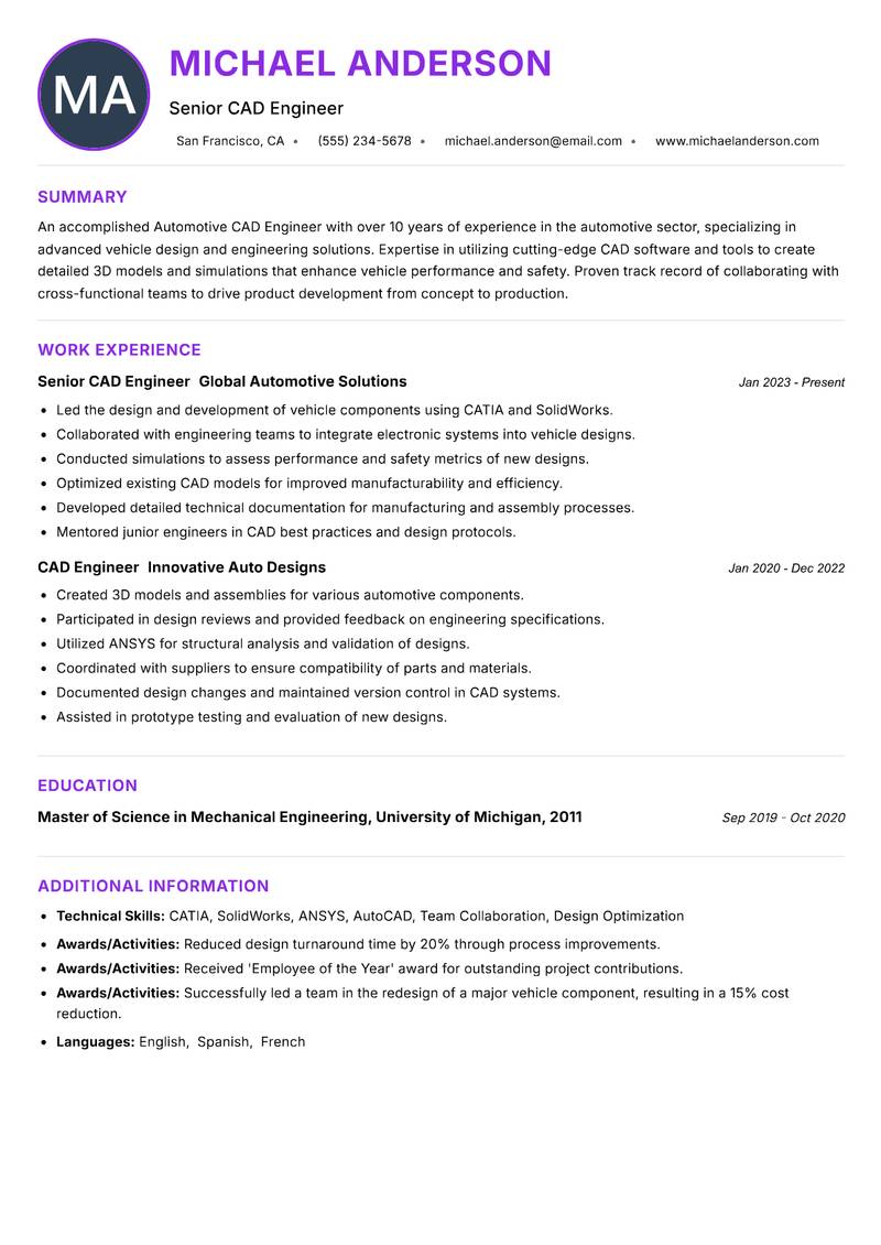 Automotive CAD Engineer resume example — ATS-friendly template