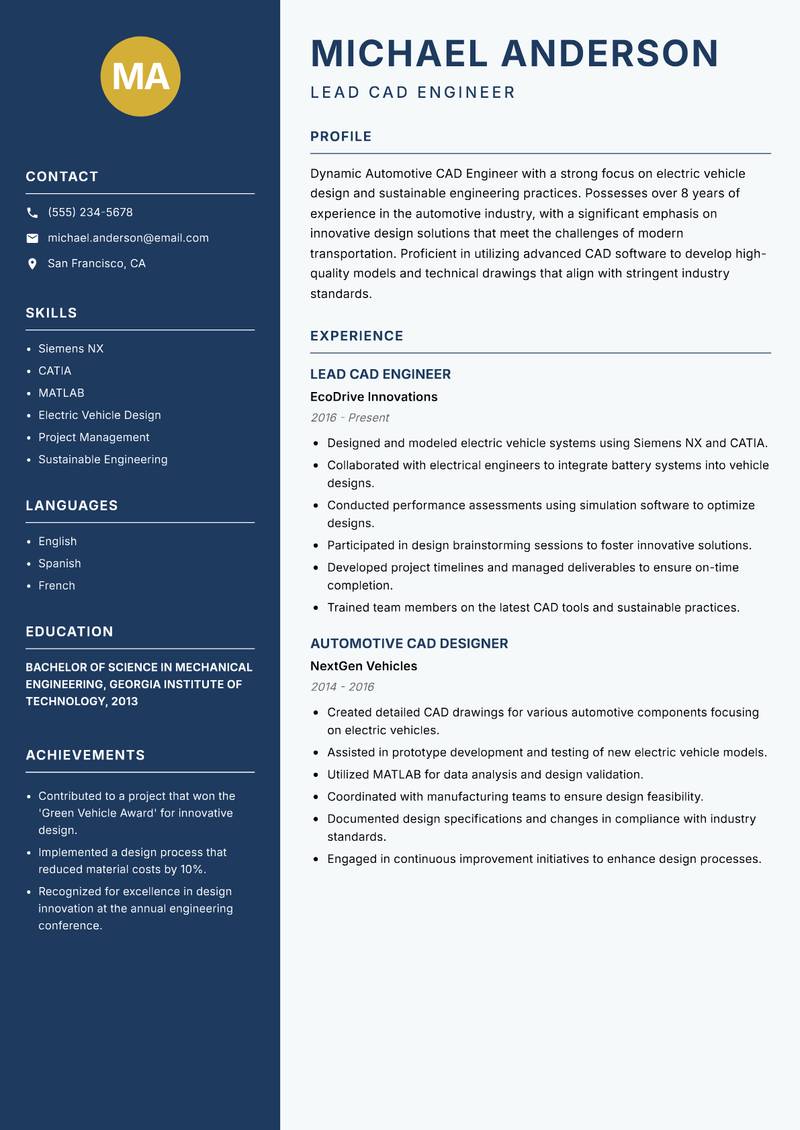 Automotive CAD Engineer resume template — Classic Clean