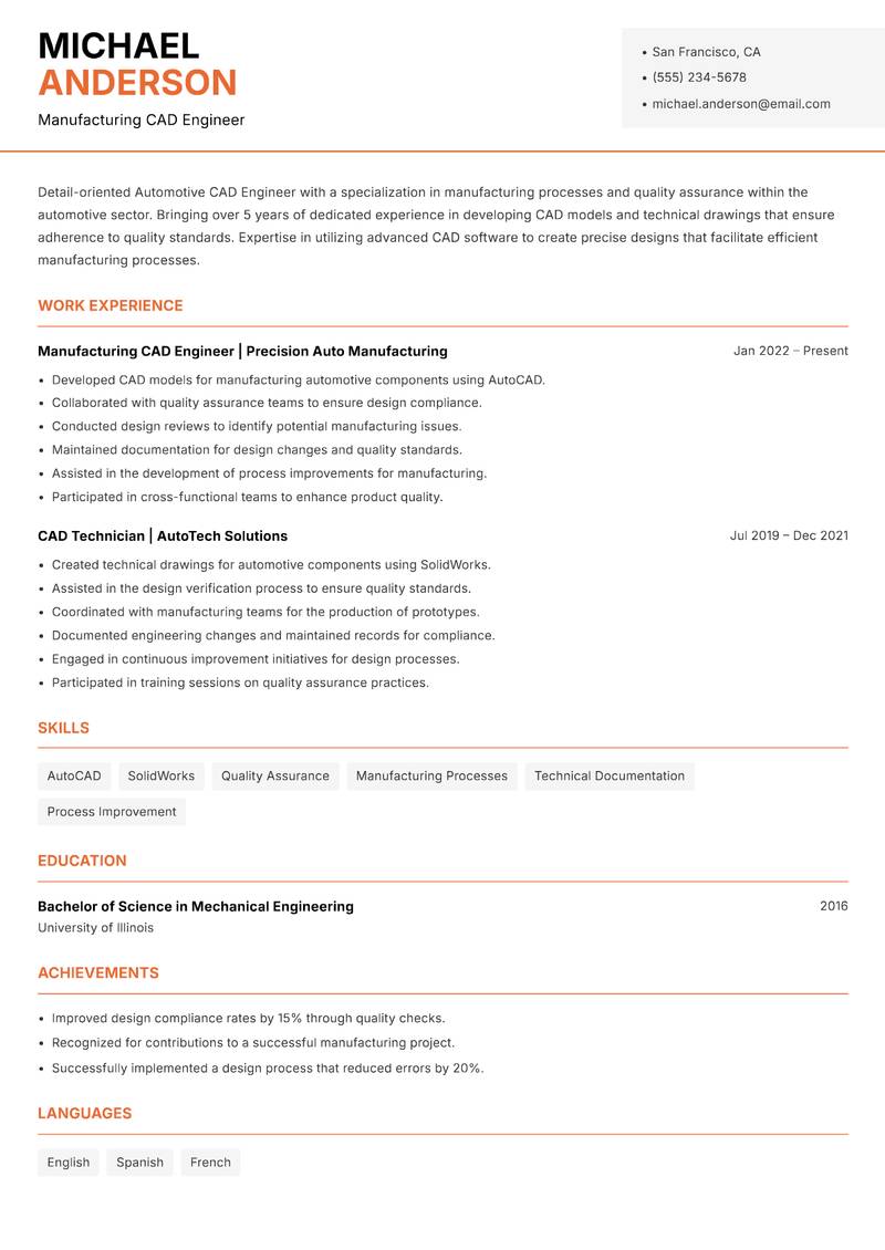 Automotive CAD Engineer resume template — Modern Professional