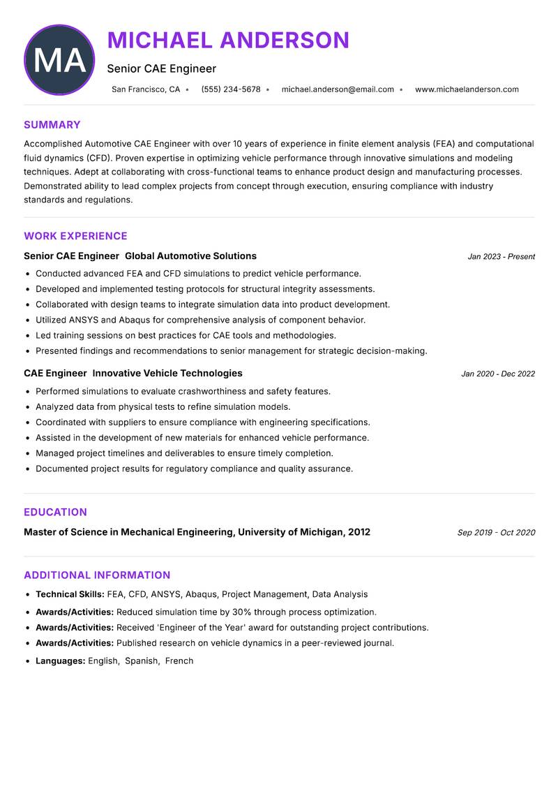 Automotive CAE Engineer resume example — ATS-friendly template