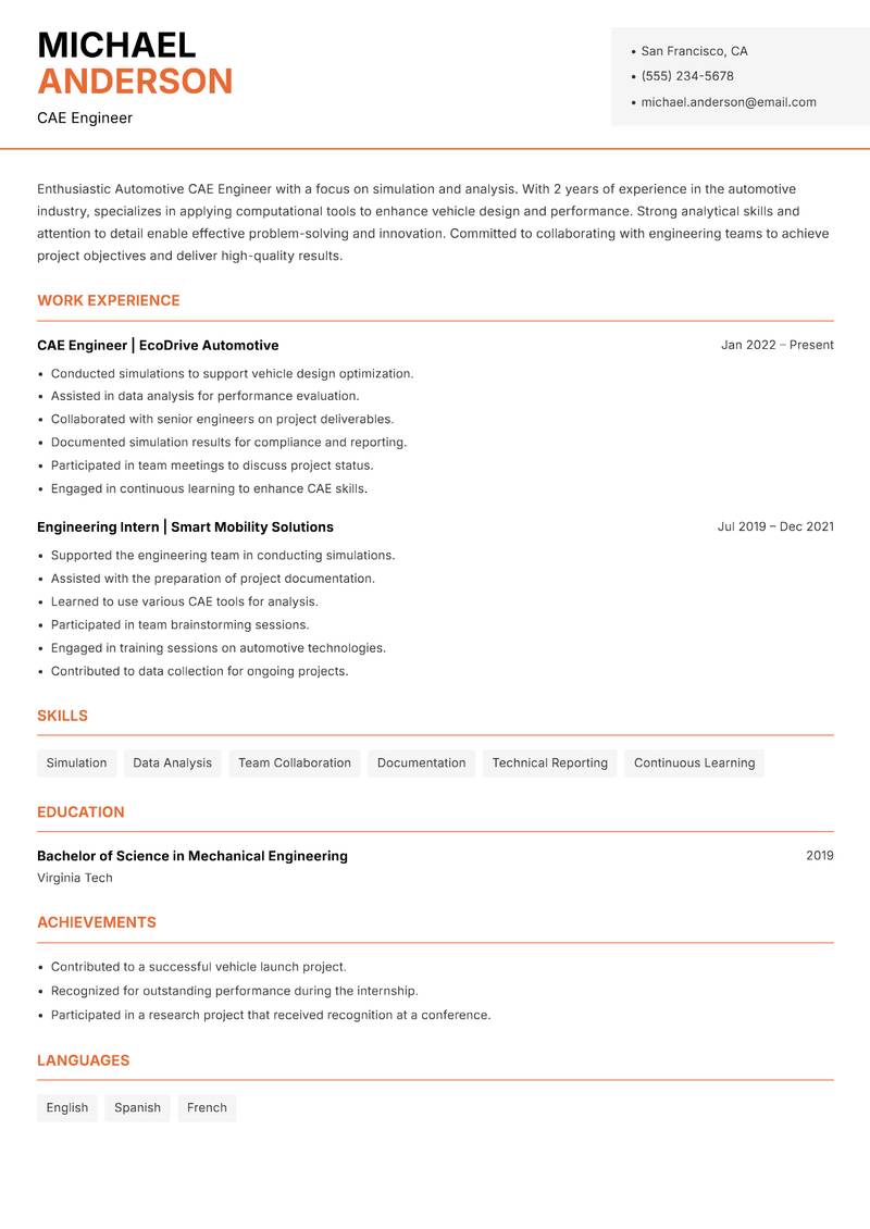 Automotive CAE Engineer resume template — Modern Professional