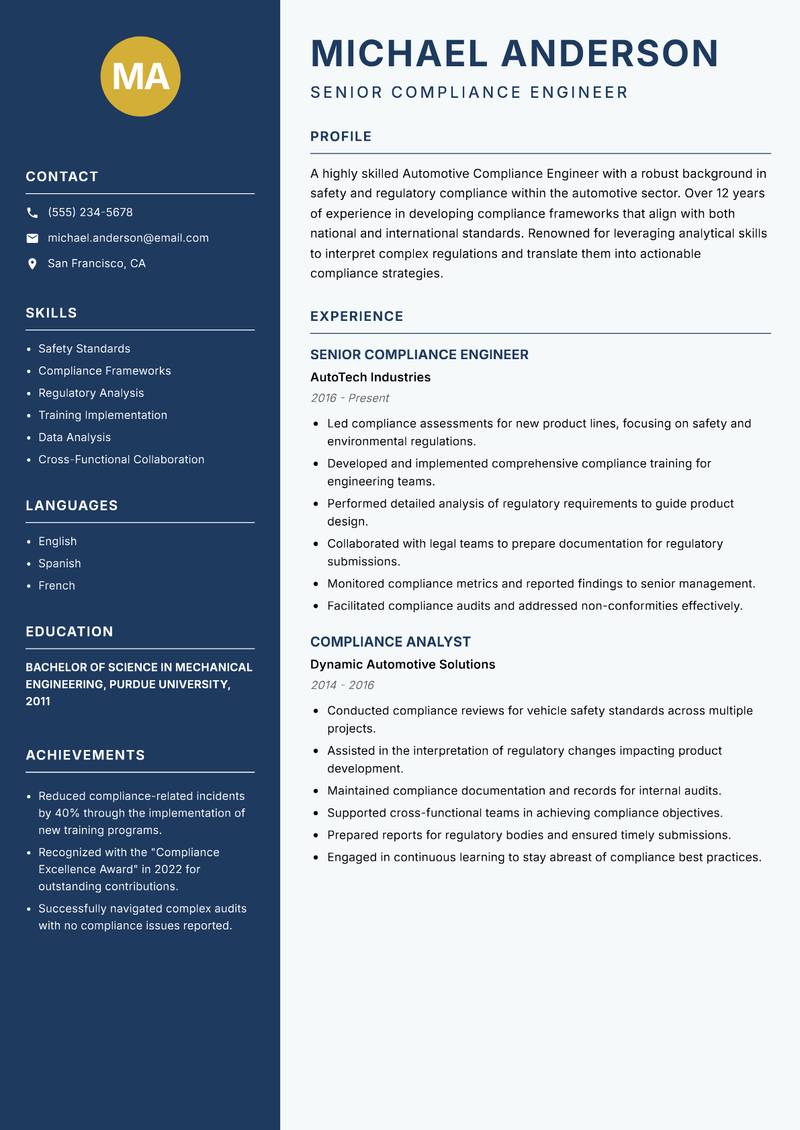 Automotive Compliance Engineer resume template — Classic Clean