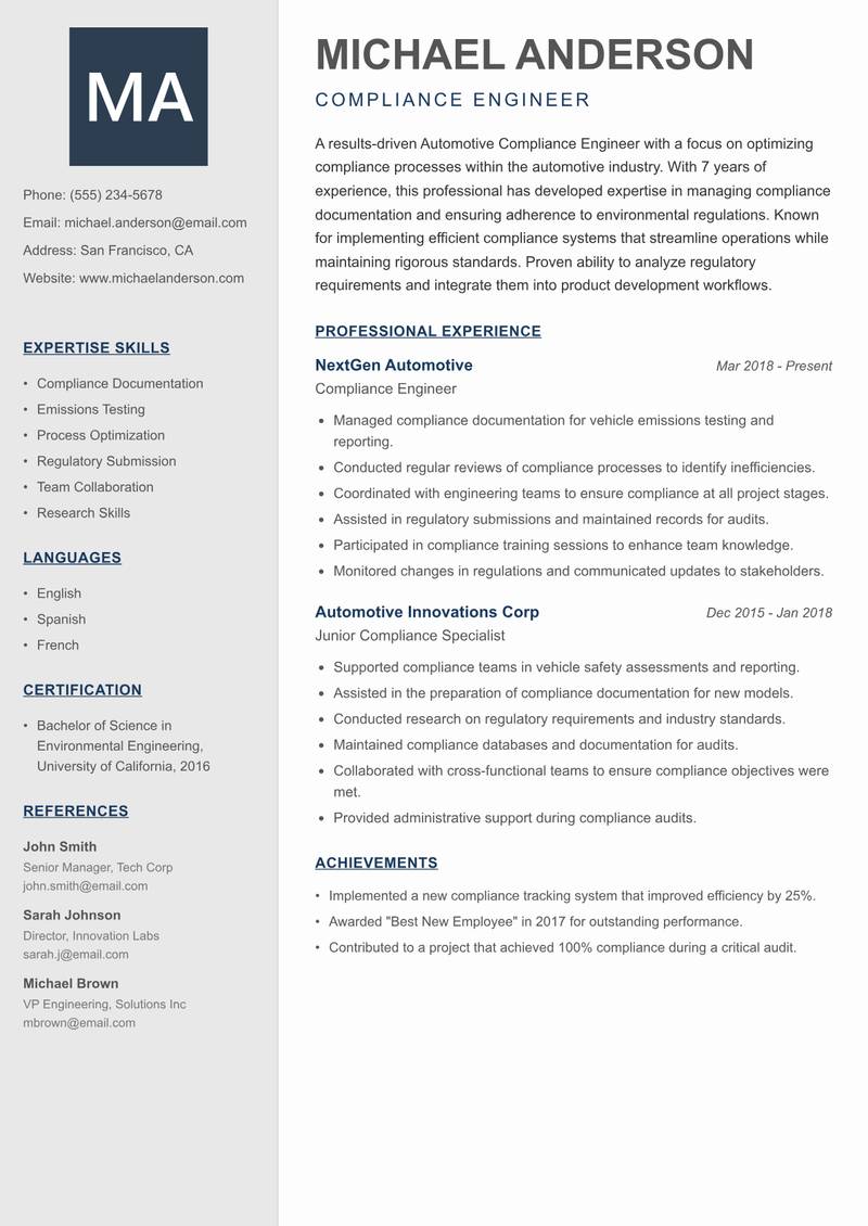 Automotive Compliance Engineer resume template — Creative Minimal