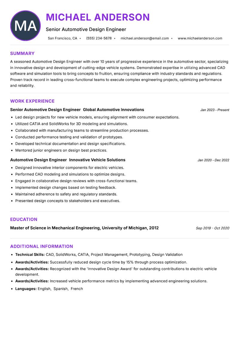 Automotive Design Engineer resume example — ATS-friendly template