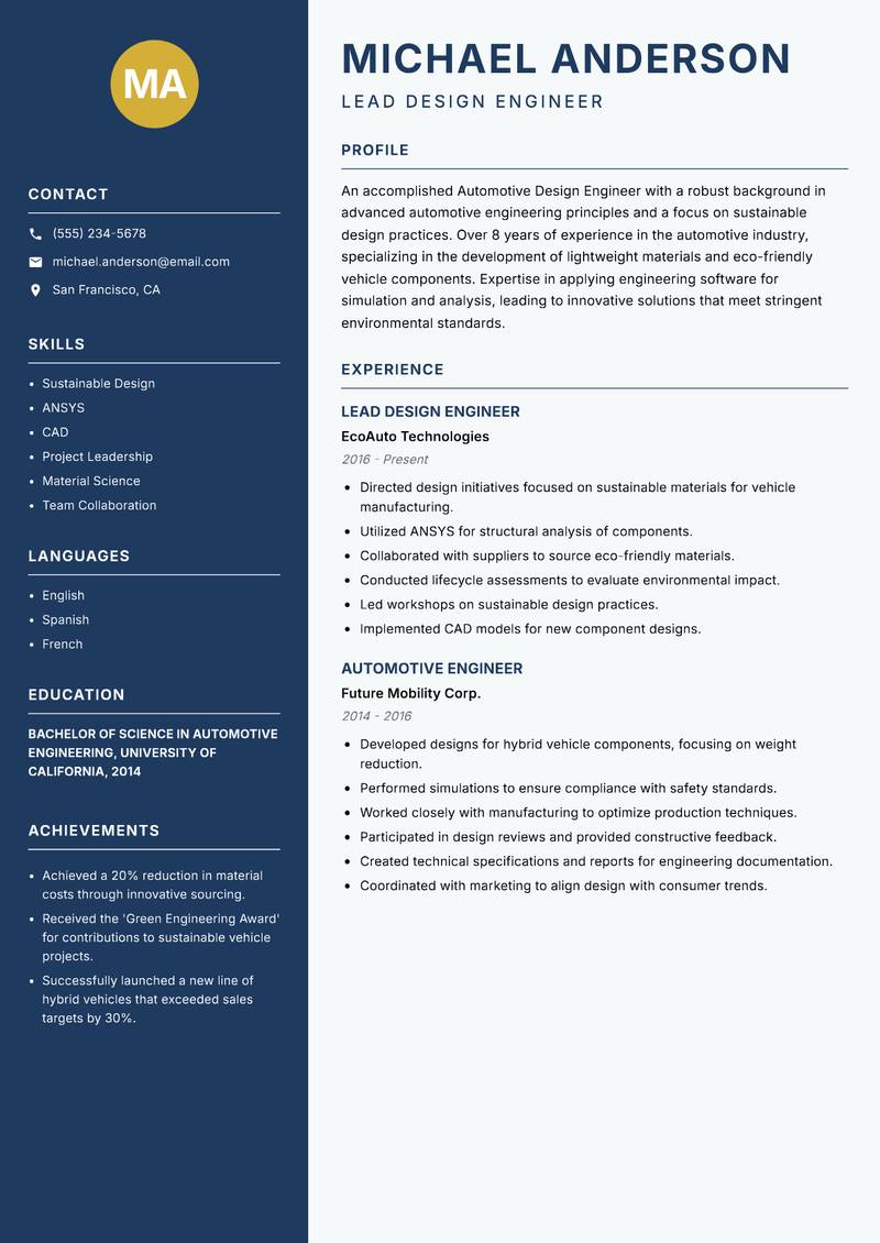Automotive Design Engineer resume template — Classic Clean