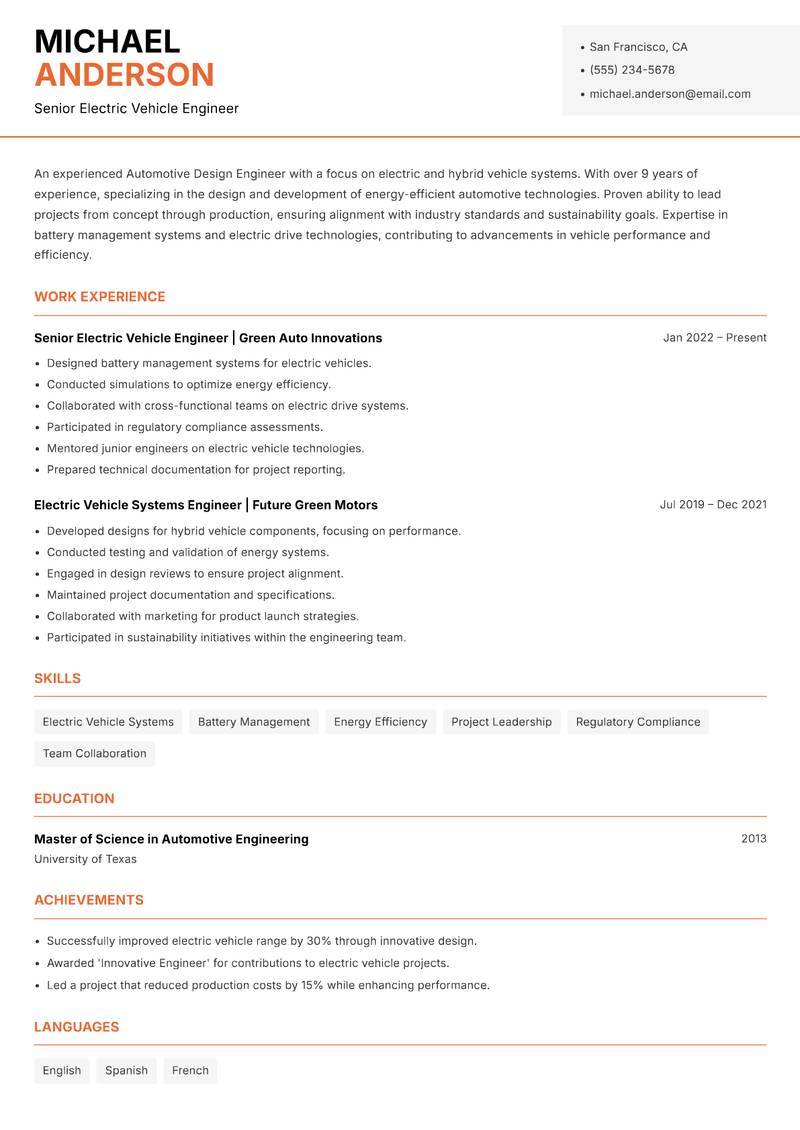 Automotive Design Engineer resume template — Modern Professional