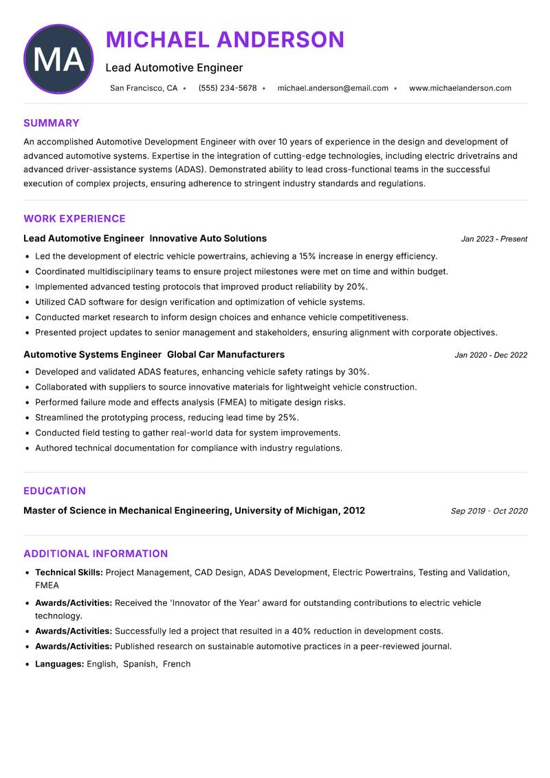 Automotive Development Engineer resume example — ATS-friendly template
