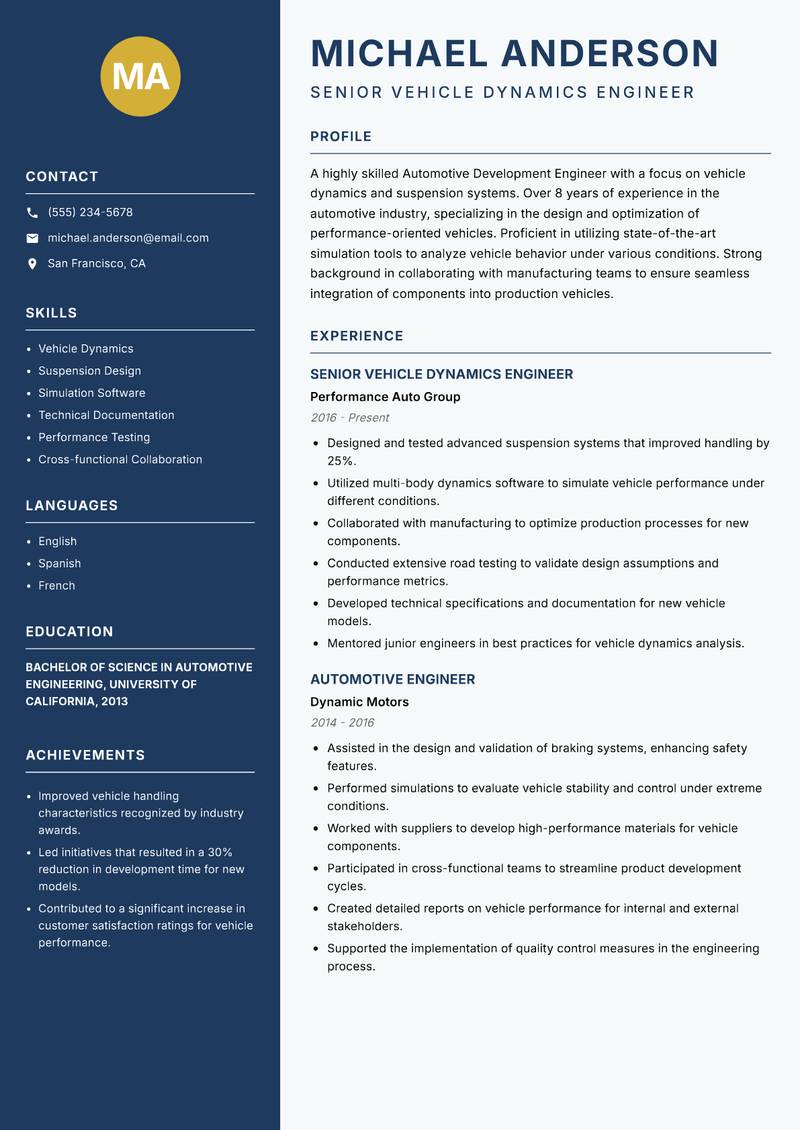 Automotive Development Engineer resume template — Classic Clean