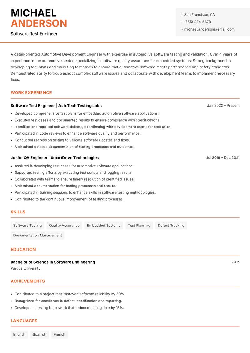 Automotive Development Engineer resume template — Modern Professional