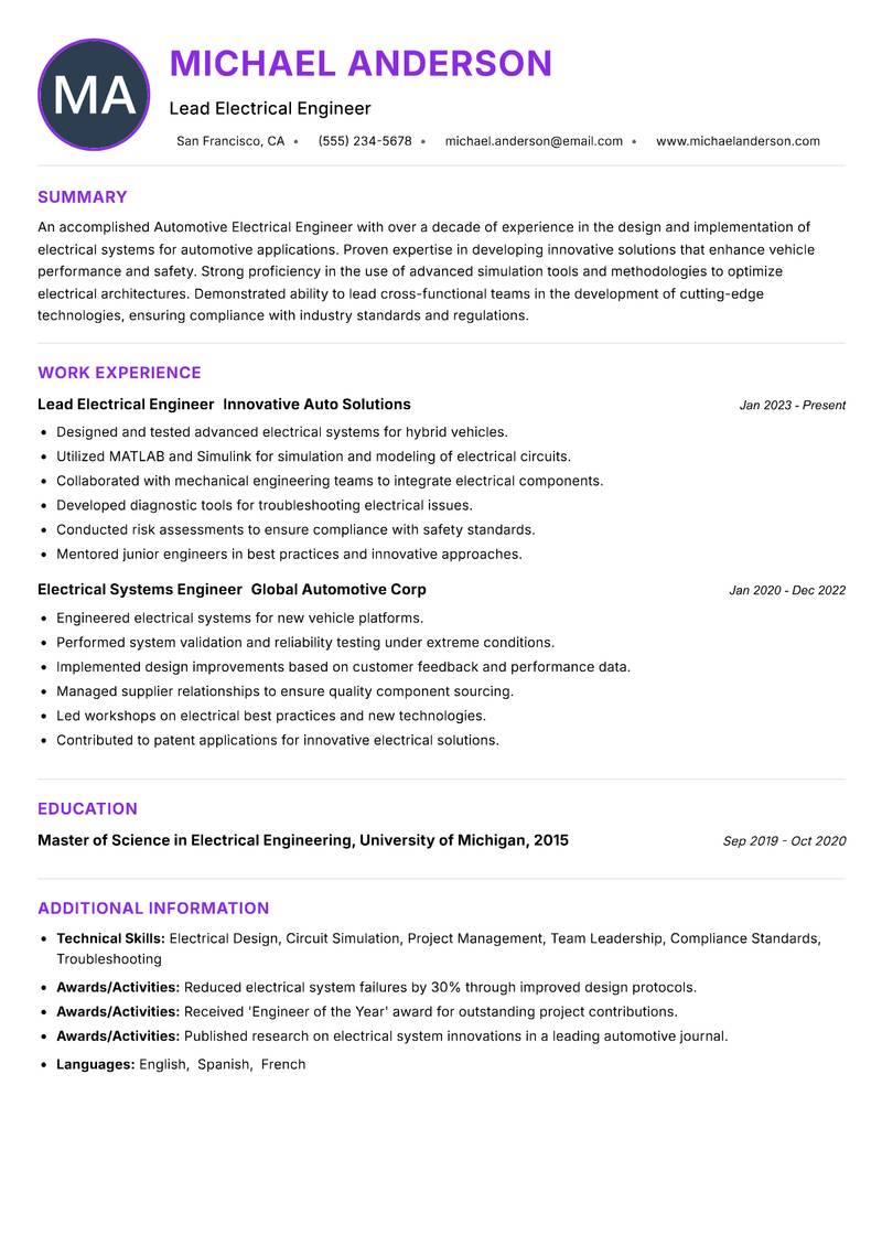 Automotive Electrical Engineer resume example — ATS-friendly template