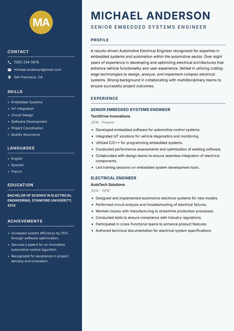 Automotive Electrical Engineer resume template — Classic Clean