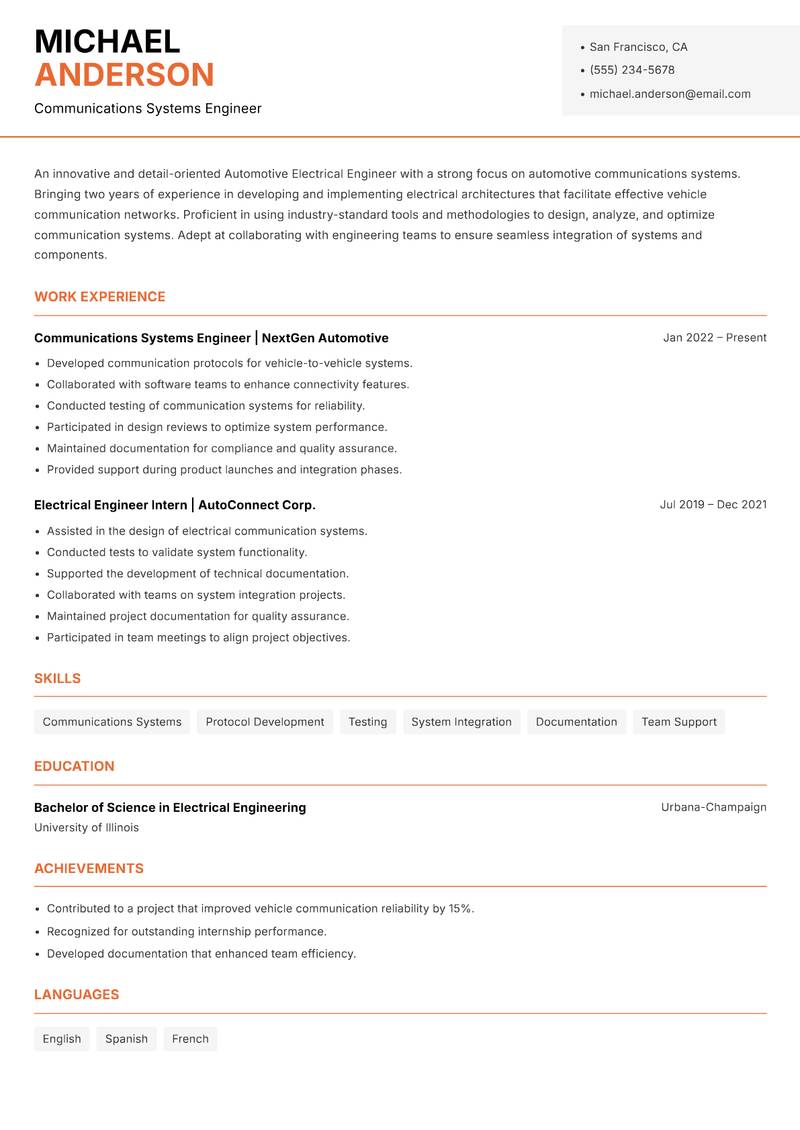 Automotive Electrical Engineer resume template — Modern Professional