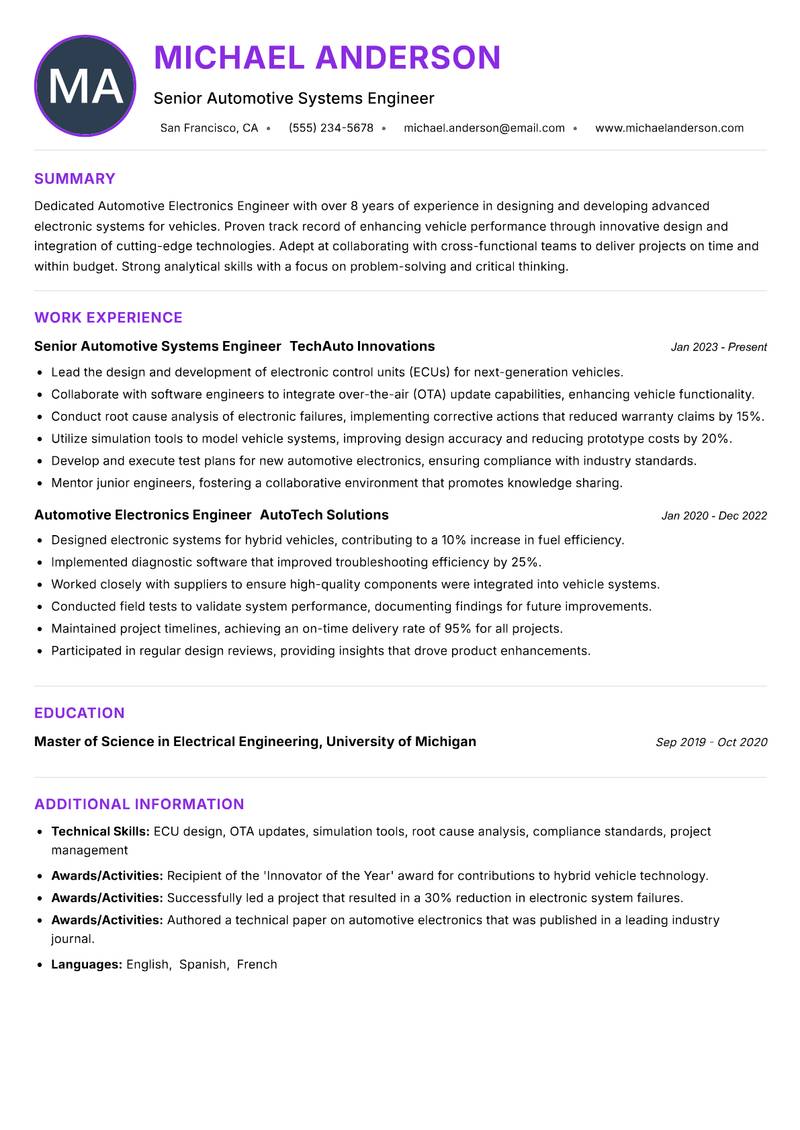 Automotive Electronics Engineer resume example — ATS-friendly template