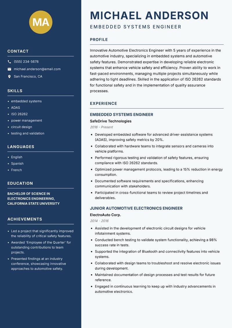 Automotive Electronics Engineer resume template — Classic Clean