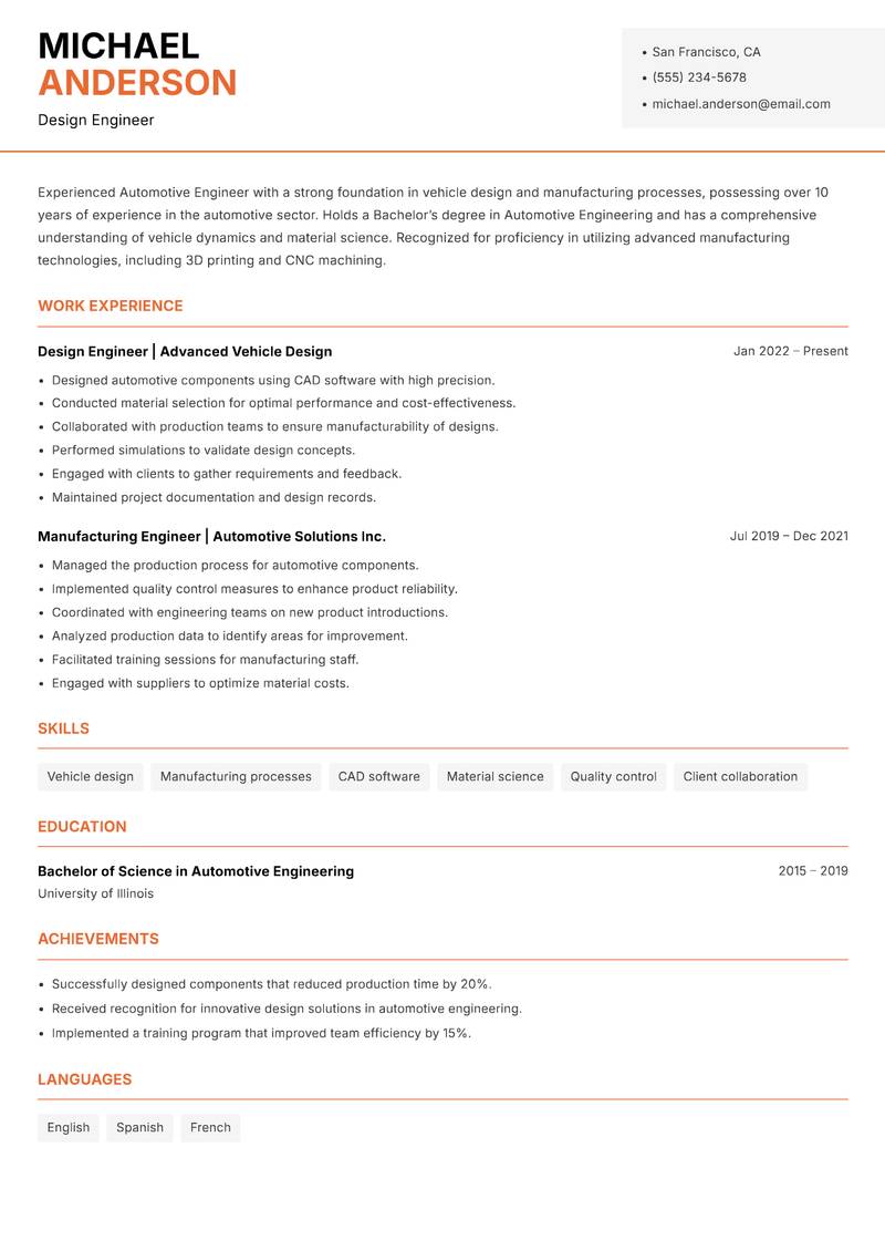 Automotive Engineer resume template — Modern Professional