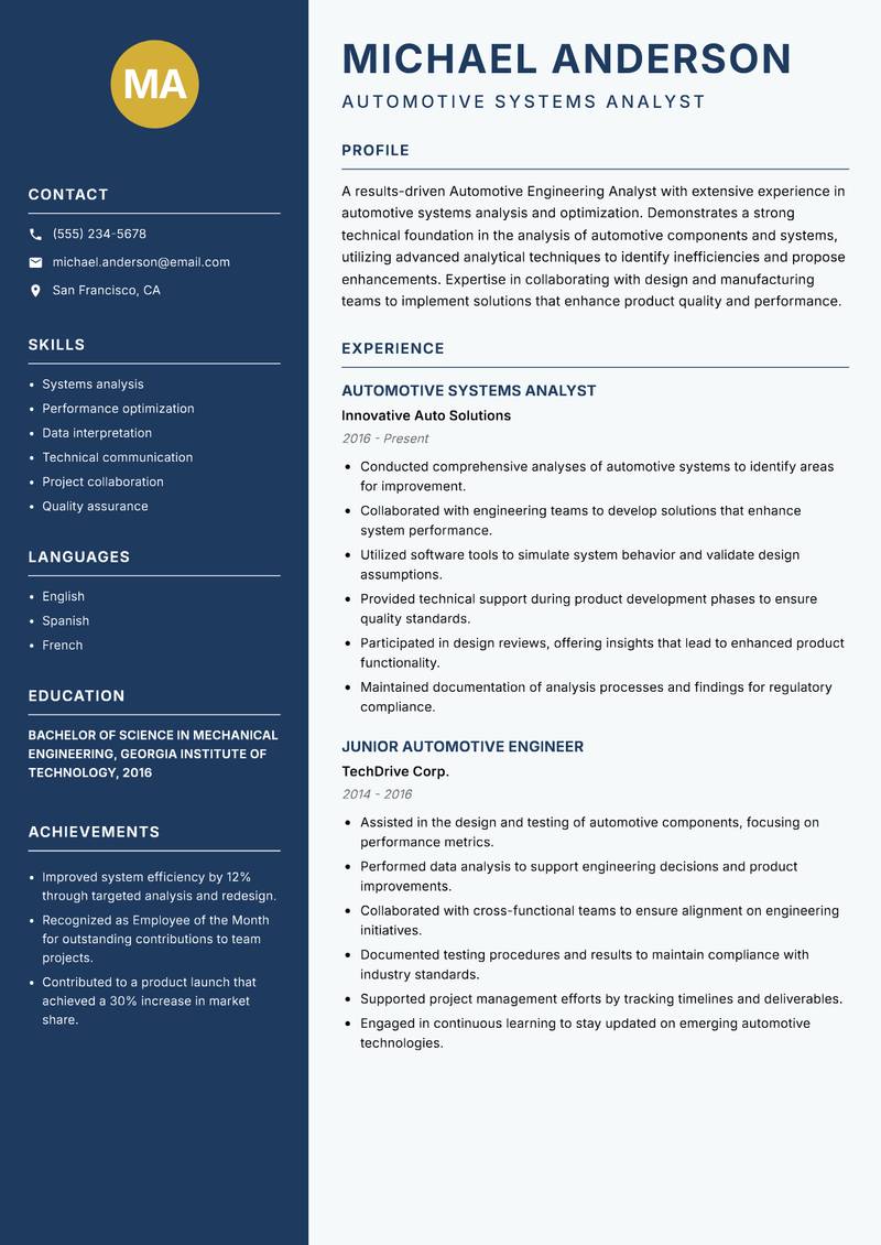 Automotive Engineering Analyst resume template — Classic Clean