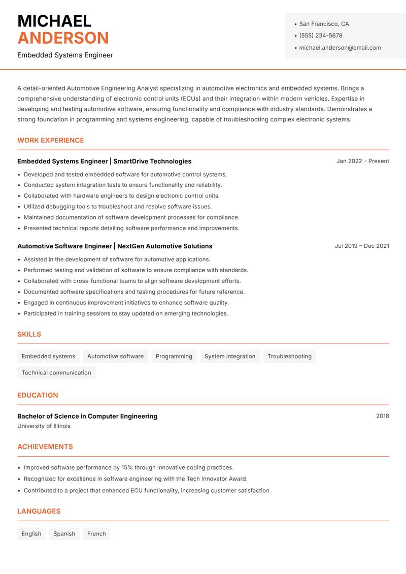 Automotive Engineering Analyst resume template — Modern Professional