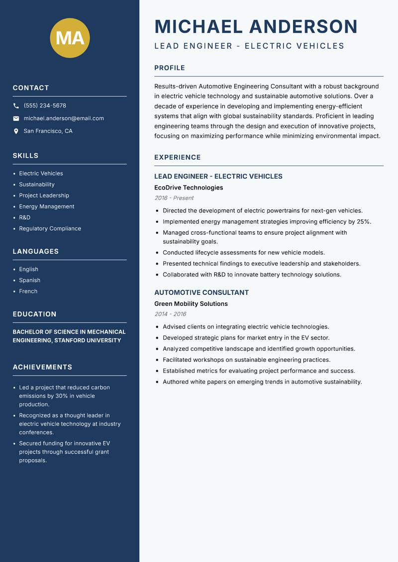 Automotive Engineering Consultant resume template — Classic Clean