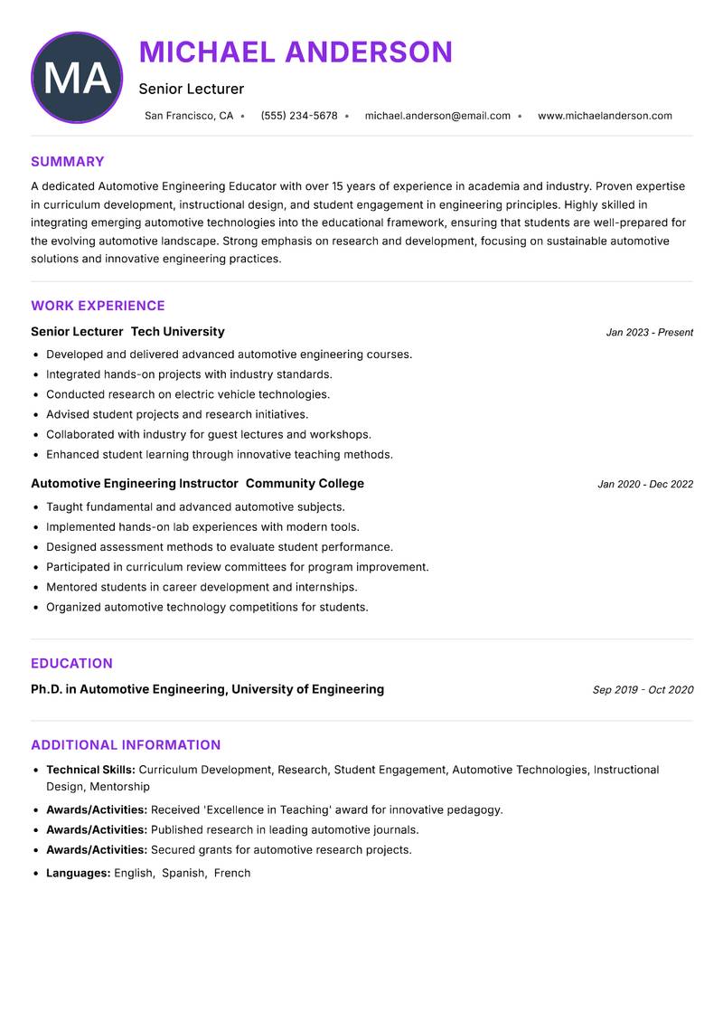 Automotive Engineering Educator resume example — ATS-friendly template