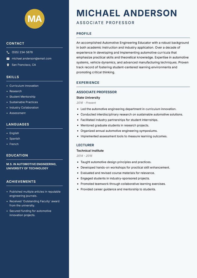 Automotive Engineering Educator resume template — Classic Clean
