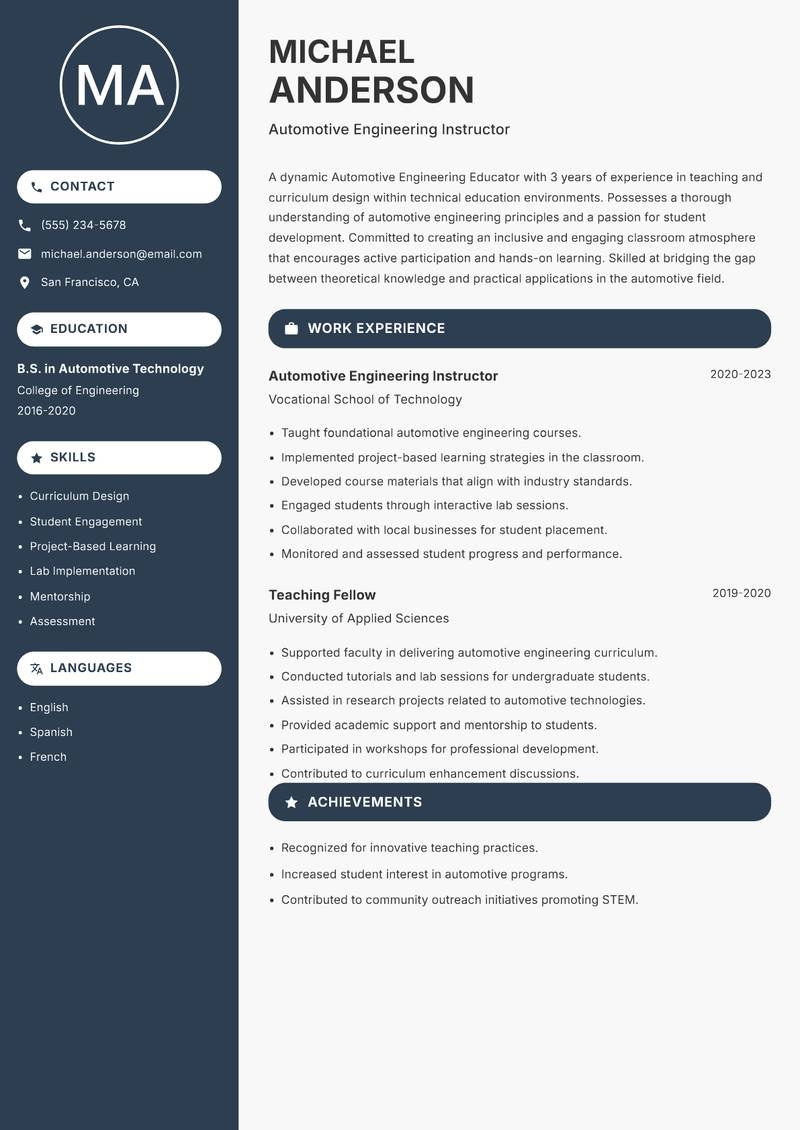 Automotive Engineering Educator resume template — Compact