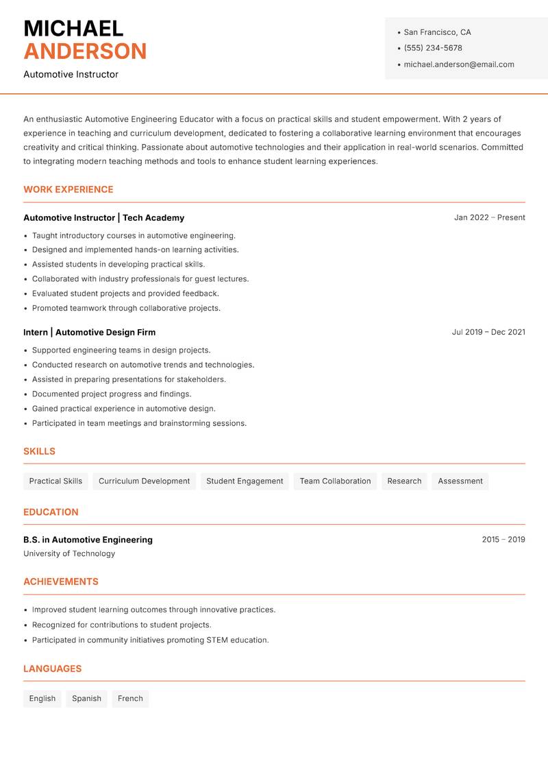 Automotive Engineering Educator resume template — Modern Professional