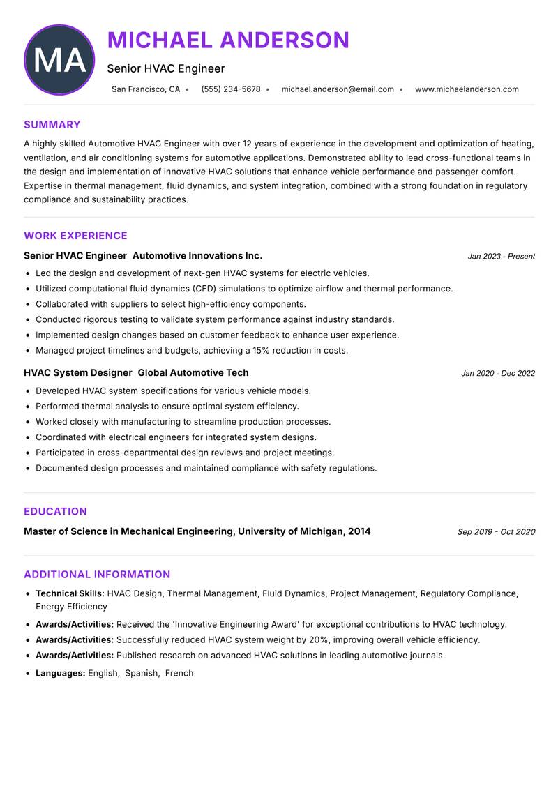 Automotive HVAC Engineer resume example — ATS-friendly template
