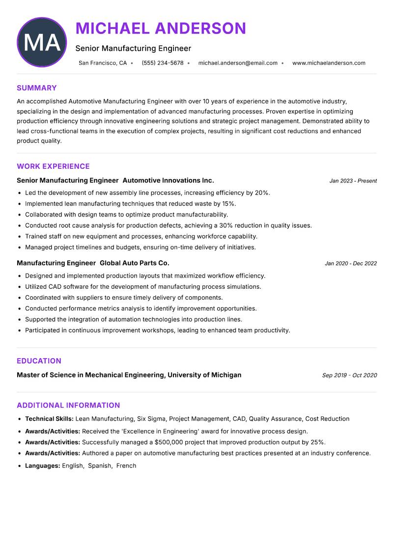 Automotive Manufacturing Engineer resume example — ATS-friendly template
