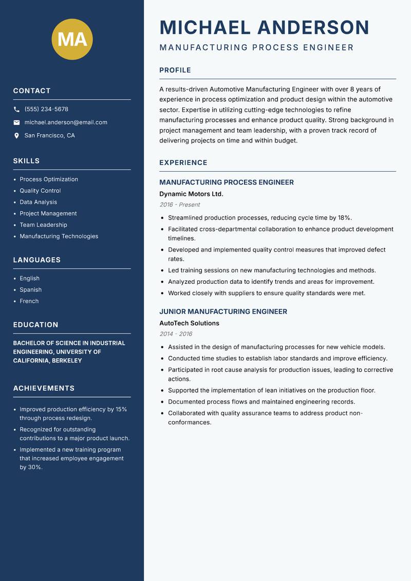 Automotive Manufacturing Engineer resume template — Classic Clean