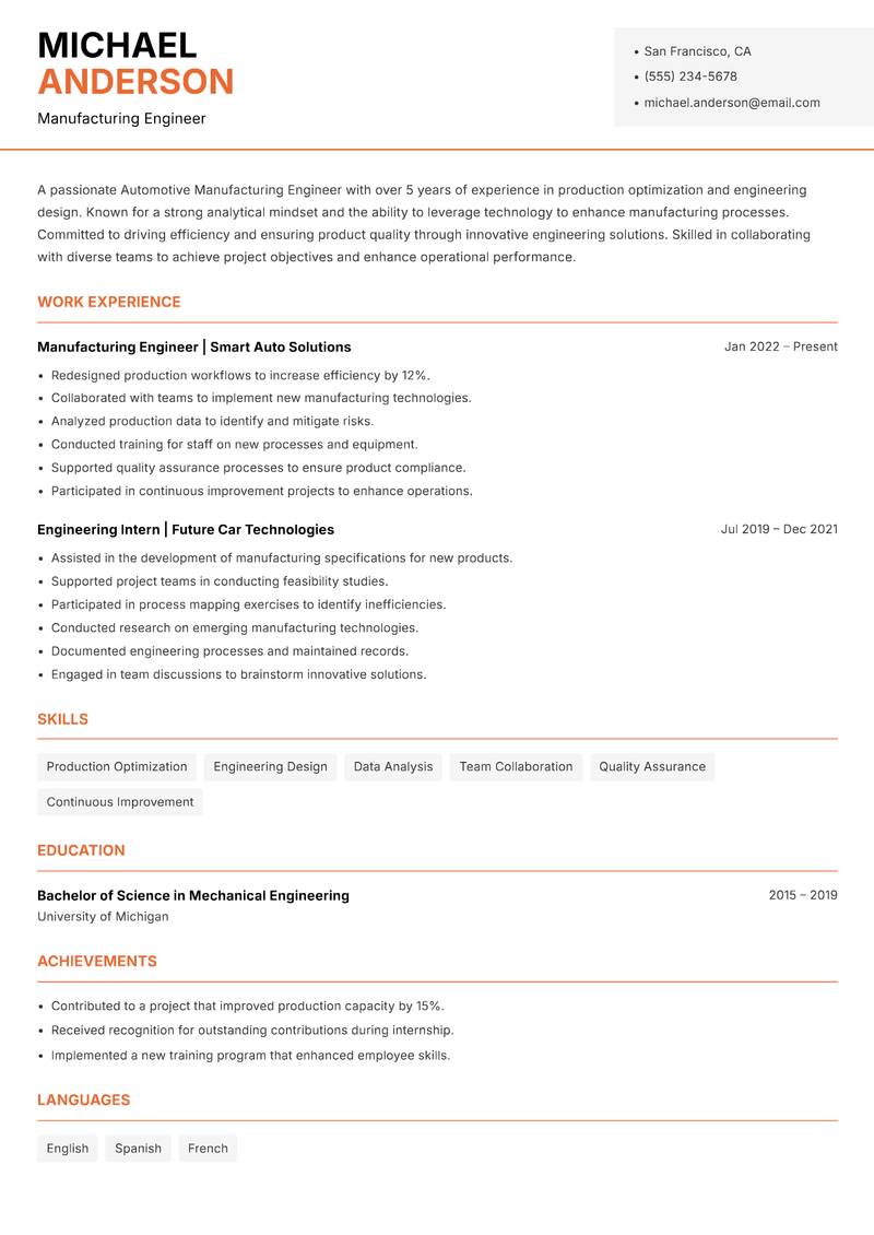 Automotive Manufacturing Engineer resume template — Modern Professional