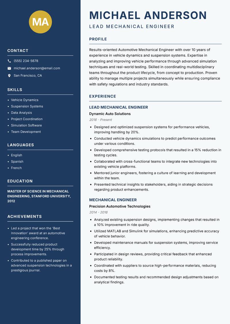 Automotive Mechanical Engineer resume template — Classic Clean