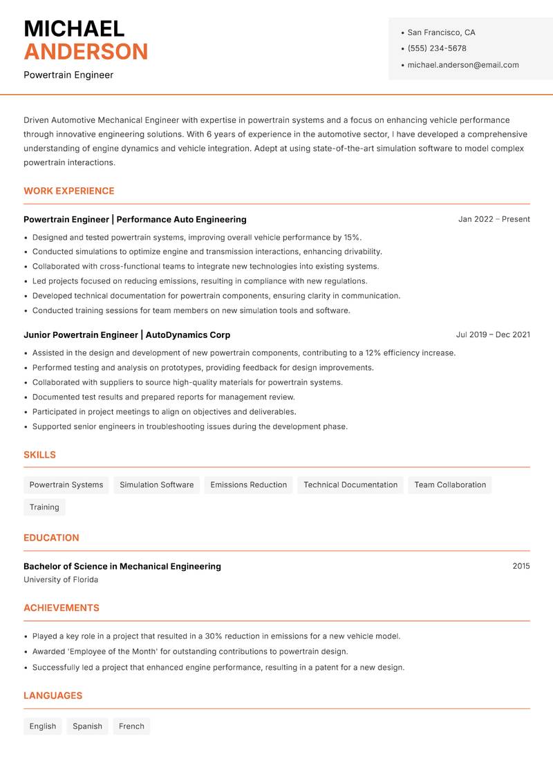 Automotive Mechanical Engineer resume template — Modern Professional