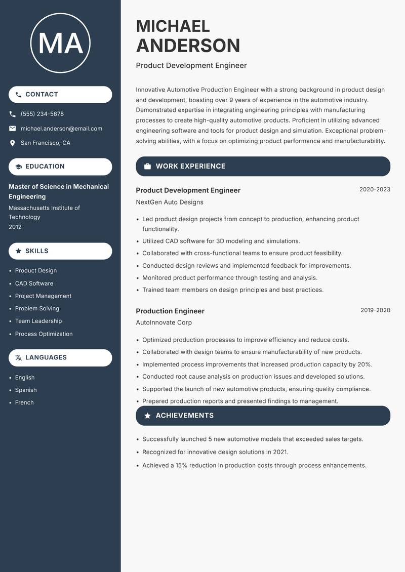 Automotive Production Engineer resume template — Compact