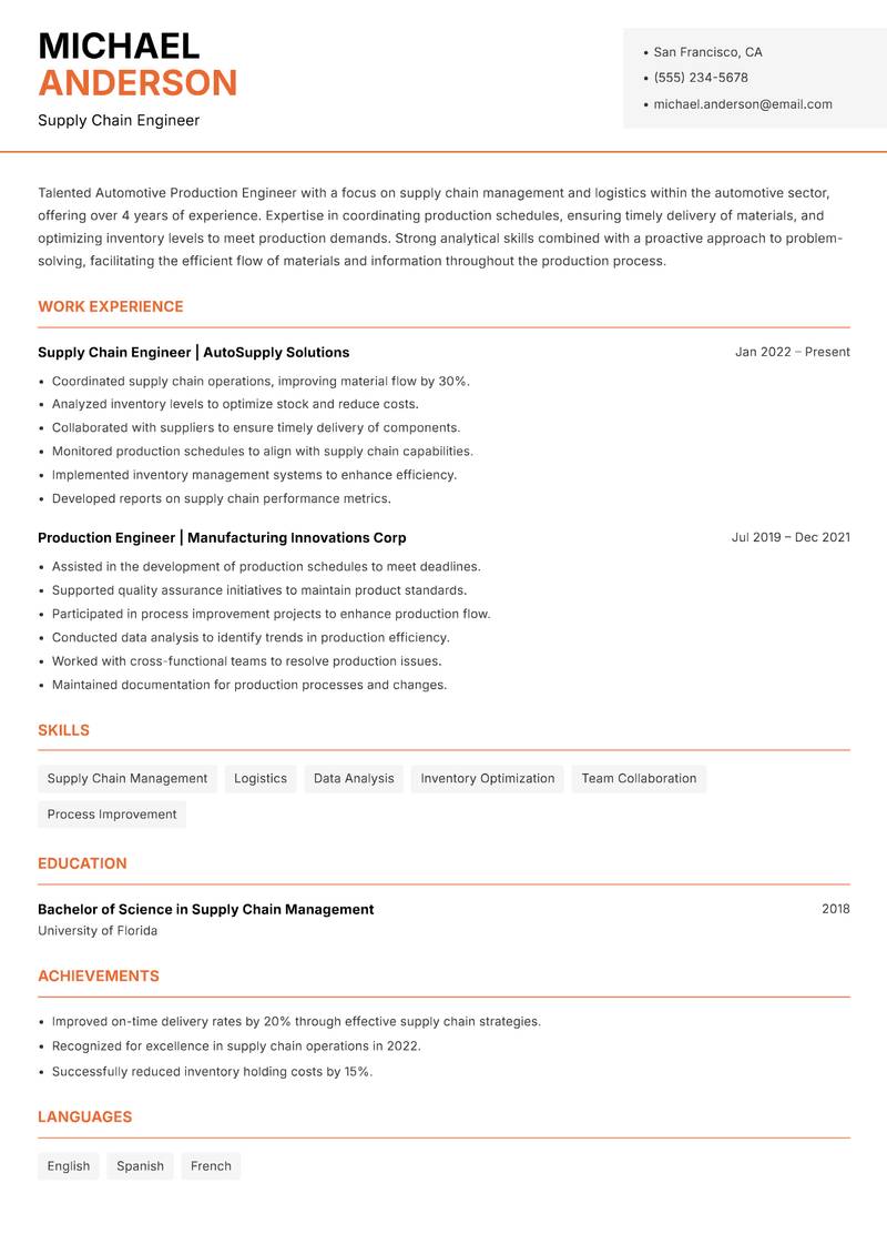 Automotive Production Engineer resume template — Modern Professional