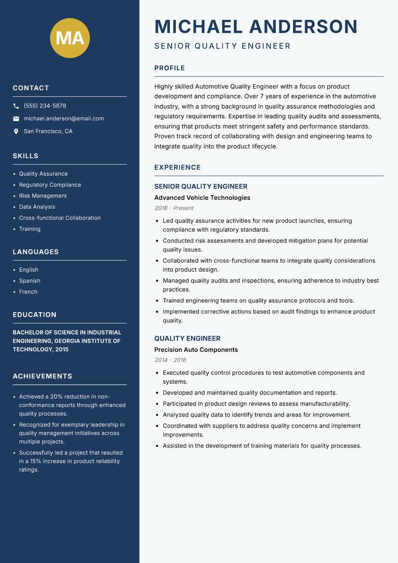 Automotive Quality Engineer resume template — Classic Clean