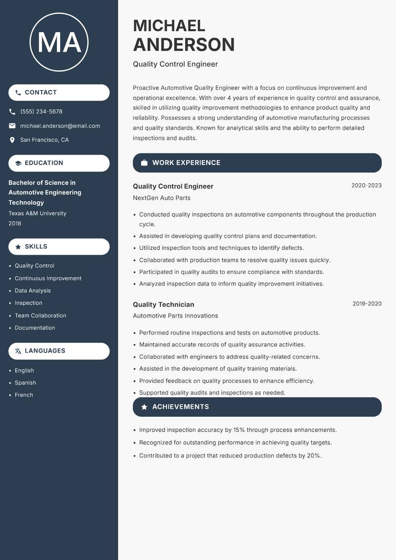 Automotive Quality Engineer resume template — Compact