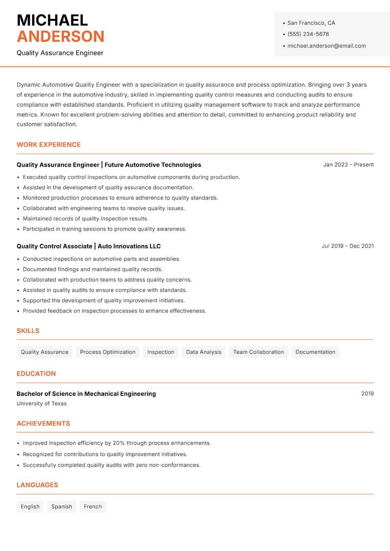 Automotive Quality Engineer resume template — Modern Professional