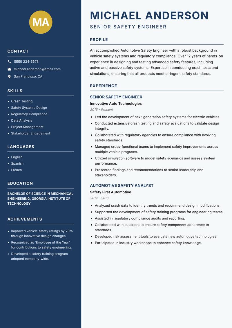Automotive Safety Engineer resume template — Classic Clean