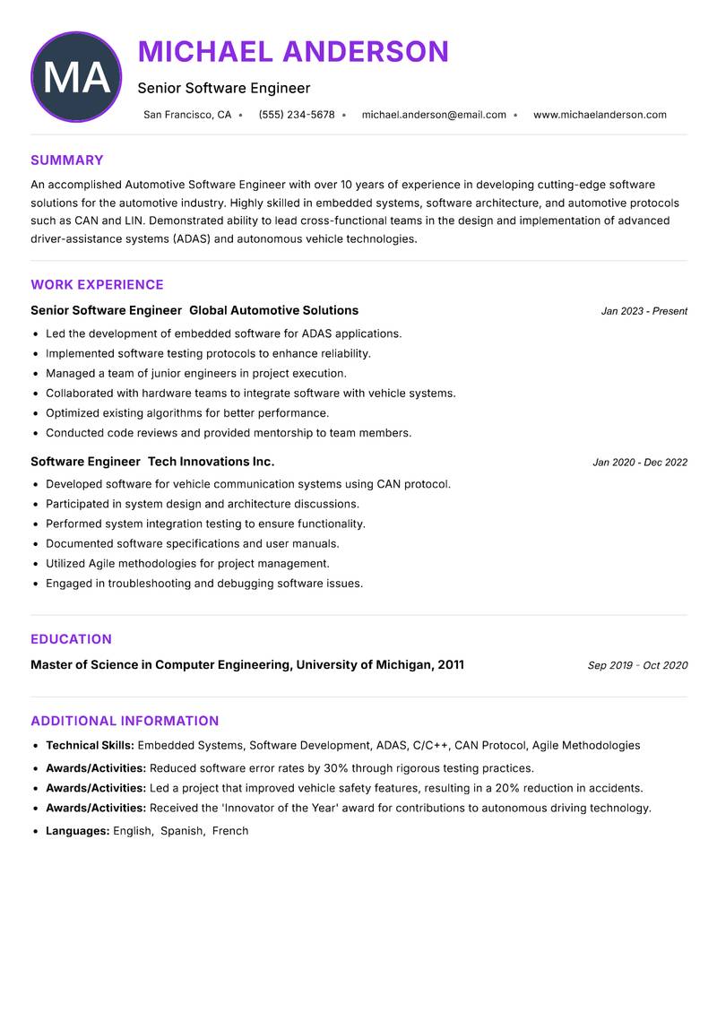 Automotive Software Engineer resume example — ATS-friendly template