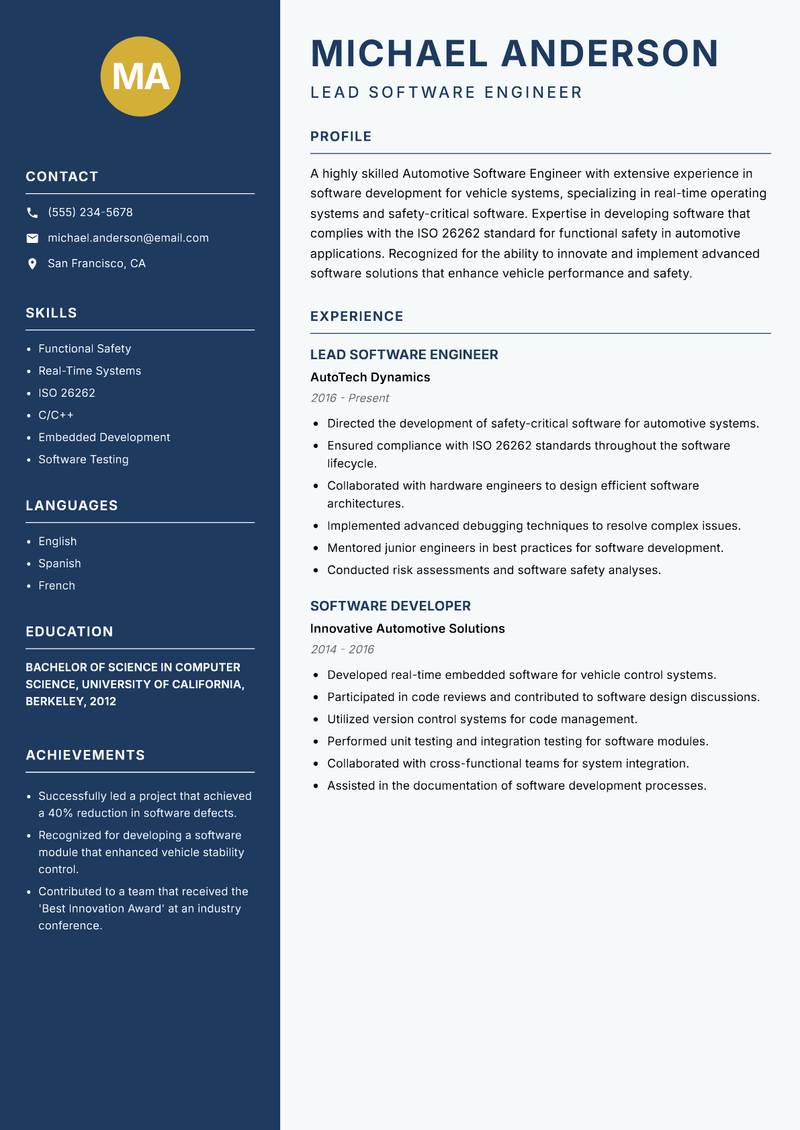 Automotive Software Engineer resume template — Classic Clean