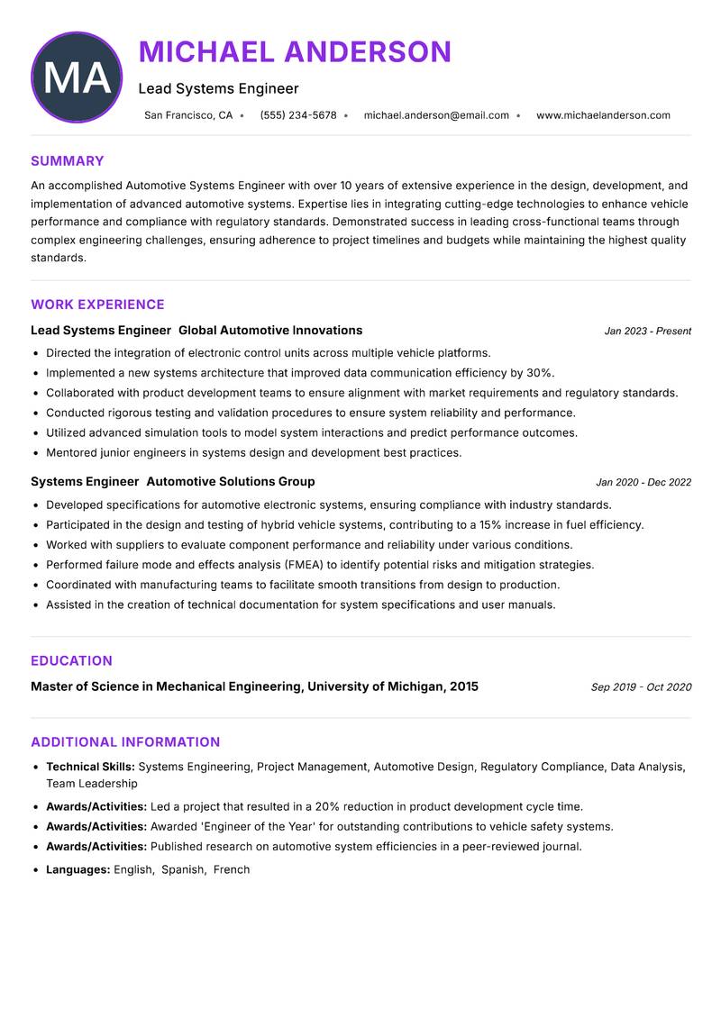 Automotive Systems Engineer resume example — ATS-friendly template