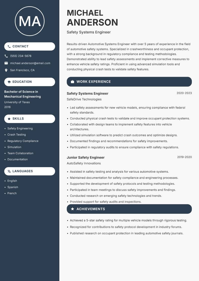Automotive Systems Engineer resume template — Compact